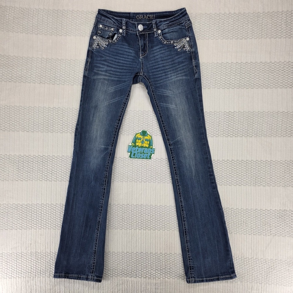 Grace In LA Bootcut Jeans Womens Blue Denim Mid Rise Size 27 (28 Measured)